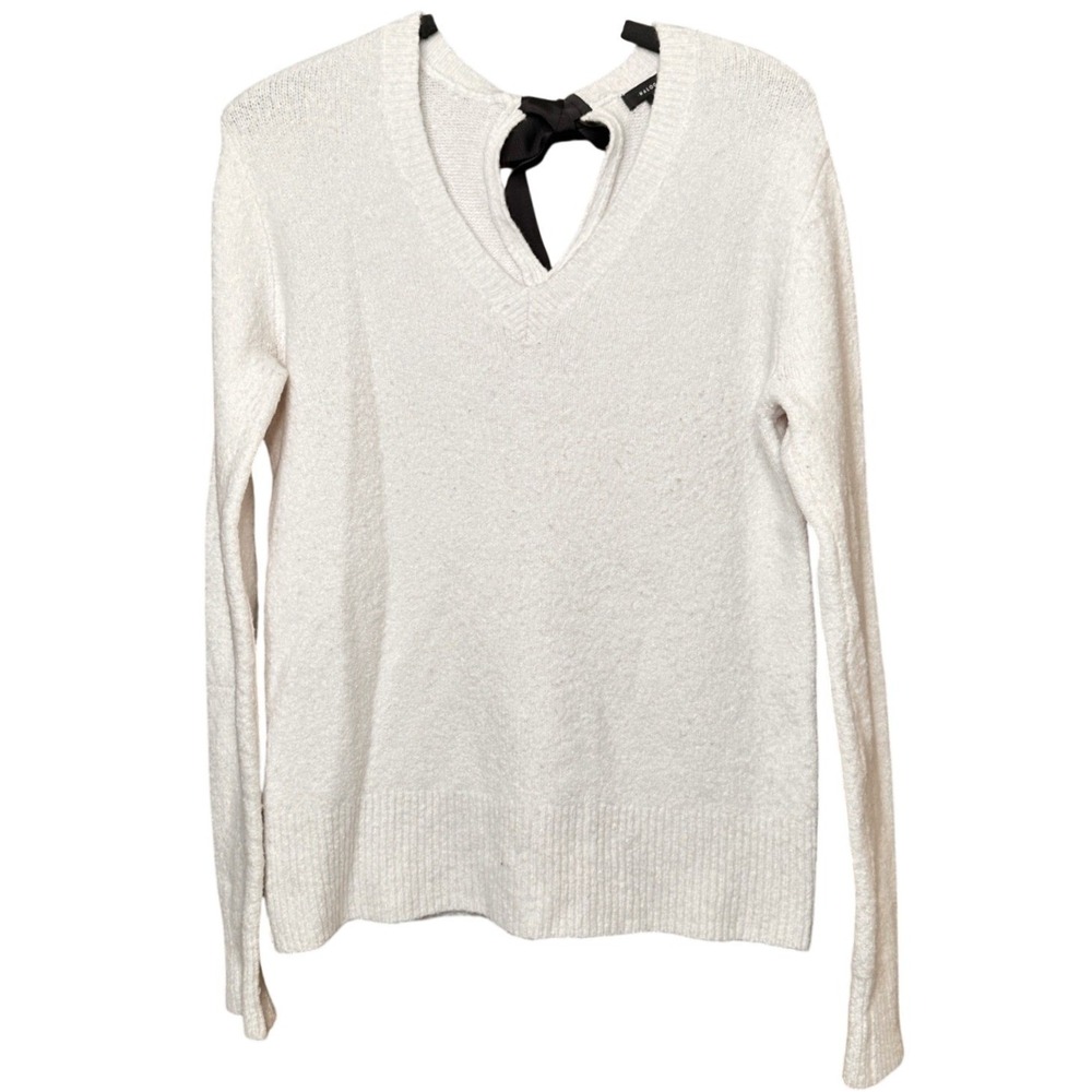 Halogen Cottagecore Wool Blend V-Neck Sweater with Back Bow Detail Women S White